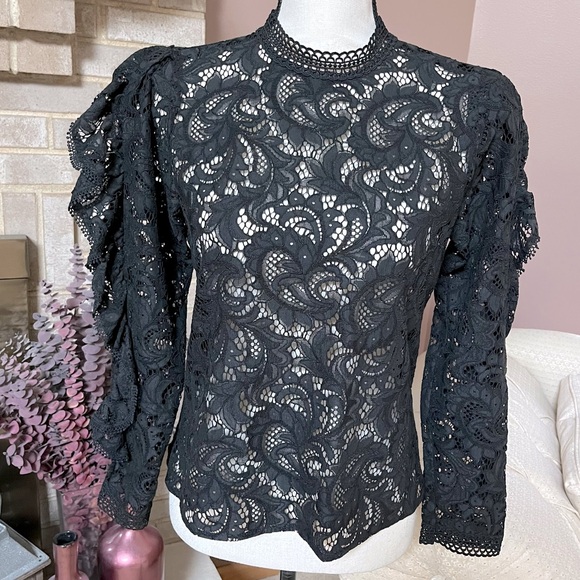 LIKE NEW! EXPRESS Lace Ruffle Sleeve Top - Black - Picture 7 of 11